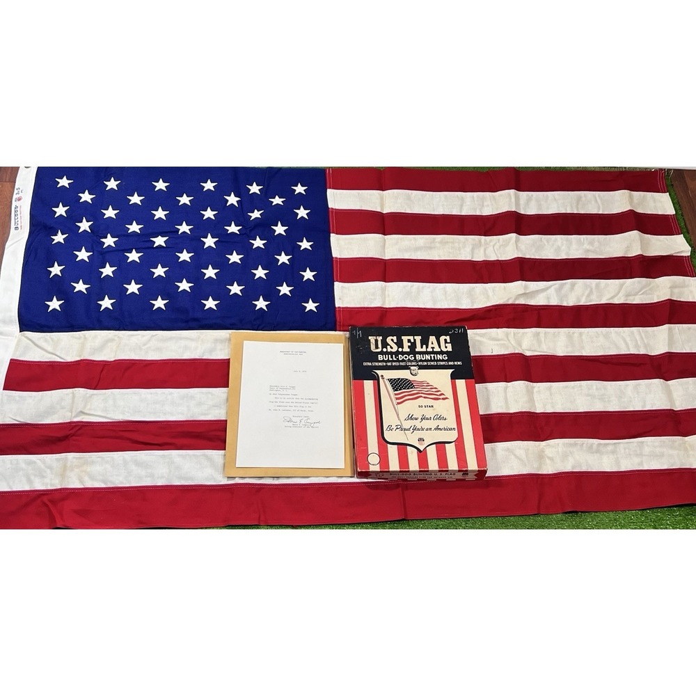 Vintage US Flag BullDog Bunting 3x5 Flown Over Capitol 1970 Certificate Signed